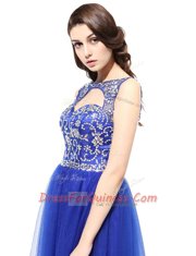 Attractive Blue Sleeveless Floor Length Beading Zipper Prom Party Dress