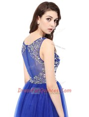 Attractive Blue Sleeveless Floor Length Beading Zipper Prom Party Dress