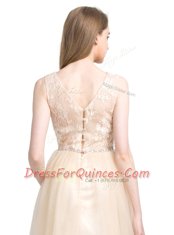 Perfect A-line Champagne Bateau Tulle Sleeveless Knee Length Clasp Handle