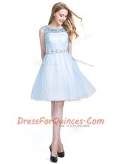 Best Light Blue A-line Tulle Scoop Sleeveless Beading Knee Length Zipper