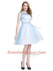 Best Light Blue A-line Tulle Scoop Sleeveless Beading Knee Length Zipper