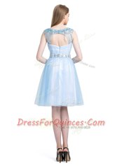 Best Light Blue A-line Tulle Scoop Sleeveless Beading Knee Length Zipper