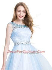 Best Light Blue A-line Tulle Scoop Sleeveless Beading Knee Length Zipper
