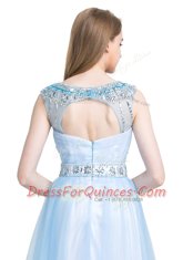 Best Light Blue A-line Tulle Scoop Sleeveless Beading Knee Length Zipper