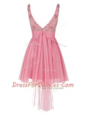 High Quality Pink Empire Tulle Bateau Sleeveless Beading Mini Length Zipper Evening Dress