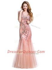Delicate Mermaid Beading Prom Party Dress Peach Lace Up Sleeveless Floor Length