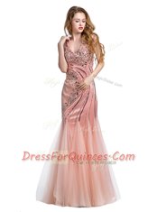 Delicate Mermaid Beading Prom Party Dress Peach Lace Up Sleeveless Floor Length