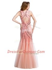 Delicate Mermaid Beading Prom Party Dress Peach Lace Up Sleeveless Floor Length