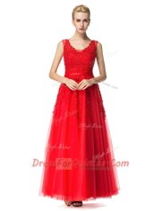 Spectacular Tulle V-neck Sleeveless Lace Up Beading and Appliques Prom Evening Gown in Red