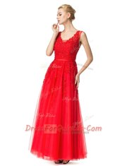 Spectacular Tulle V-neck Sleeveless Lace Up Beading and Appliques Prom Evening Gown in Red