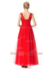 Spectacular Tulle V-neck Sleeveless Lace Up Beading and Appliques Prom Evening Gown in Red
