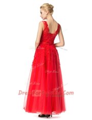 Spectacular Tulle V-neck Sleeveless Lace Up Beading and Appliques Prom Evening Gown in Red