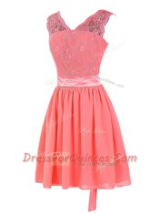 Watermelon Red V-neck Zipper Lace and Sashes ribbons Prom Party Dress Sleeveless