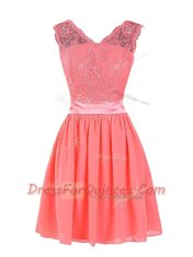 Watermelon Red V-neck Zipper Lace and Sashes ribbons Prom Party Dress Sleeveless