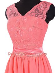 Watermelon Red V-neck Zipper Lace and Sashes ribbons Prom Party Dress Sleeveless