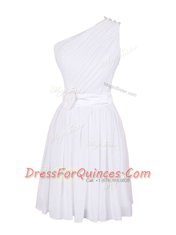 One Shoulder Sleeveless Prom Dress Mini Length Hand Made Flower White Chiffon