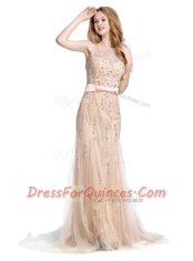Champagne Prom Evening Gown Prom and Party and For with Beading Scoop Sleeveless Brush Train Backless