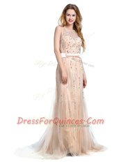 Champagne Prom Evening Gown Prom and Party and For with Beading Scoop Sleeveless Brush Train Backless