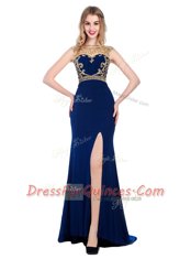 Eye-catching Sleeveless Silk Like Satin With Train Sweep Train Zipper Prom Dresses in Navy Blue with Beading and Appliques