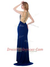Eye-catching Sleeveless Silk Like Satin With Train Sweep Train Zipper Prom Dresses in Navy Blue with Beading and Appliques