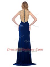 Eye-catching Sleeveless Silk Like Satin With Train Sweep Train Zipper Prom Dresses in Navy Blue with Beading and Appliques