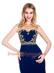 Eye-catching Sleeveless Silk Like Satin With Train Sweep Train Zipper Prom Dresses in Navy Blue with Beading and Appliques