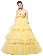 Hot Selling Yellow Sleeveless With Train Ruffled Layers and Hand Made Flower Lace Up Prom Party Dress