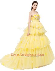 Hot Selling Yellow Sleeveless With Train Ruffled Layers and Hand Made Flower Lace Up Prom Party Dress