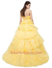 Hot Selling Yellow Sleeveless With Train Ruffled Layers and Hand Made Flower Lace Up Prom Party Dress