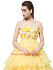 Hot Selling Yellow Sleeveless With Train Ruffled Layers and Hand Made Flower Lace Up Prom Party Dress