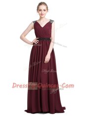 Custom Made Burgundy Column/Sheath V-neck Sleeveless Chiffon With Brush Train Zipper Lace Dress for Prom