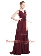 Custom Made Burgundy Column/Sheath V-neck Sleeveless Chiffon With Brush Train Zipper Lace Dress for Prom