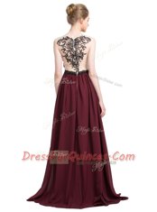 Custom Made Burgundy Column/Sheath V-neck Sleeveless Chiffon With Brush Train Zipper Lace Dress for Prom