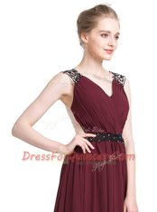 Custom Made Burgundy Column/Sheath V-neck Sleeveless Chiffon With Brush Train Zipper Lace Dress for Prom