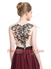 Custom Made Burgundy Column/Sheath V-neck Sleeveless Chiffon With Brush Train Zipper Lace Dress for Prom