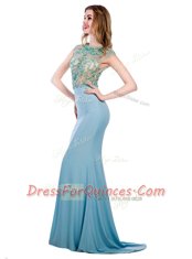 Smart Scoop Light Blue Silk Like Satin Zipper Prom Dresses Sleeveless With Train Sweep Train Beading