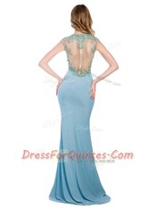 Smart Scoop Light Blue Silk Like Satin Zipper Prom Dresses Sleeveless With Train Sweep Train Beading