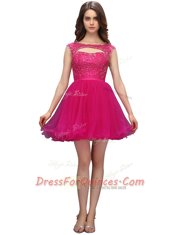 Elegant Fuchsia A-line Organza Bateau Sleeveless Beading Mini Length Zipper Prom Party Dress