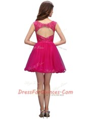 Elegant Fuchsia A-line Organza Bateau Sleeveless Beading Mini Length Zipper Prom Party Dress