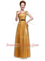 Flare Gold Scoop Zipper Beading and Sequins and Belt Homecoming Dress Cap Sleeves