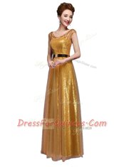 Flare Gold Scoop Zipper Beading and Sequins and Belt Homecoming Dress Cap Sleeves