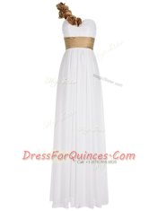 Inexpensive One Shoulder Sleeveless Homecoming Dress Floor Length Ruching White Chiffon