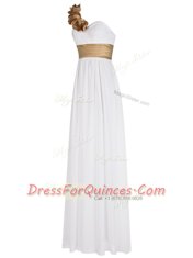 Inexpensive One Shoulder Sleeveless Homecoming Dress Floor Length Ruching White Chiffon