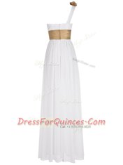 Inexpensive One Shoulder Sleeveless Homecoming Dress Floor Length Ruching White Chiffon