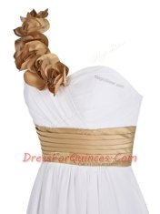 Inexpensive One Shoulder Sleeveless Homecoming Dress Floor Length Ruching White Chiffon