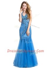 Mermaid Baby Blue Zipper V-neck Beading and Appliques Prom Dresses Tulle Sleeveless