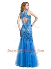 Mermaid Baby Blue Zipper V-neck Beading and Appliques Prom Dresses Tulle Sleeveless