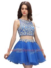 Blue A-line Organza Scoop Sleeveless Beading Mini Length Zipper Prom Evening Gown