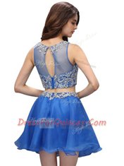 Blue A-line Organza Scoop Sleeveless Beading Mini Length Zipper Prom Evening Gown