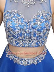 Blue A-line Organza Scoop Sleeveless Beading Mini Length Zipper Prom Evening Gown